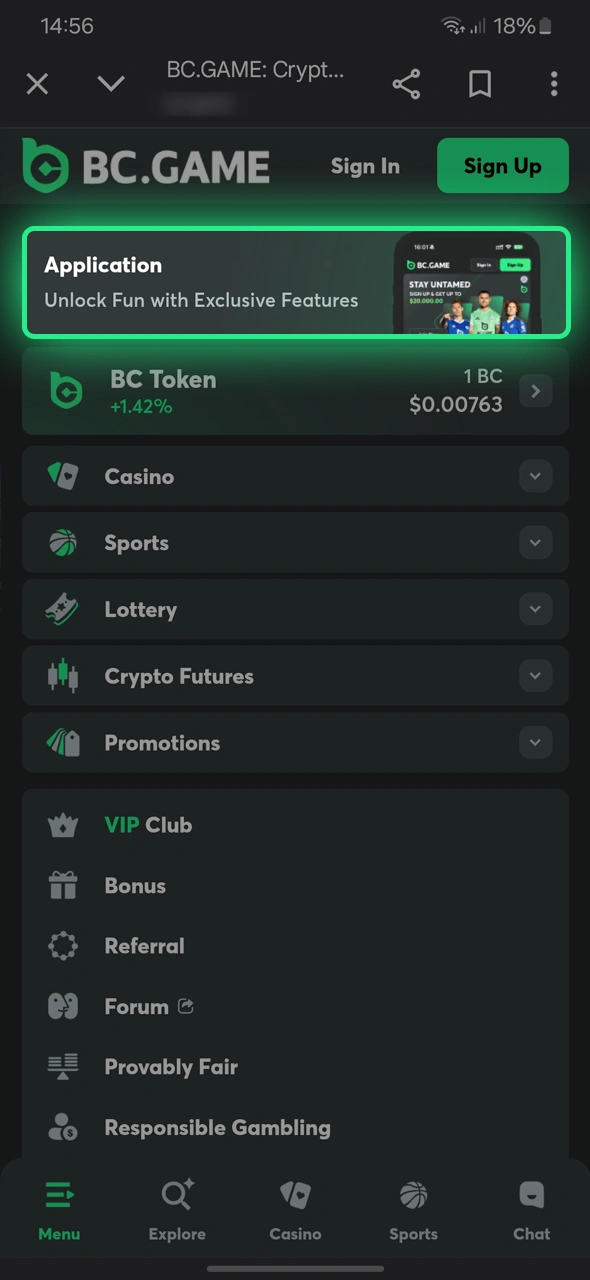 Click the app button to start the Android download for BC Game.