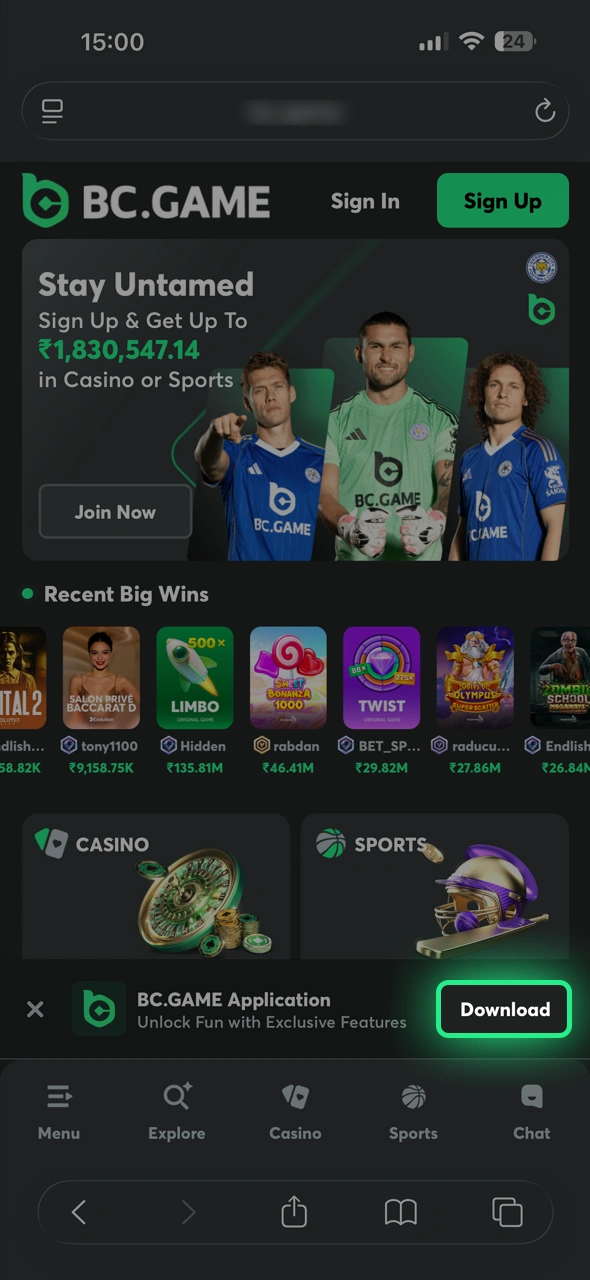 Click download for iOS to begin the BC Game setup process.