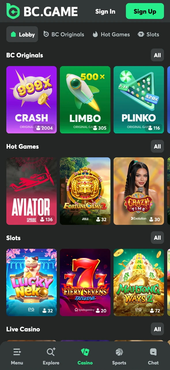 Browse the extensive casino games library on the BC Game app.