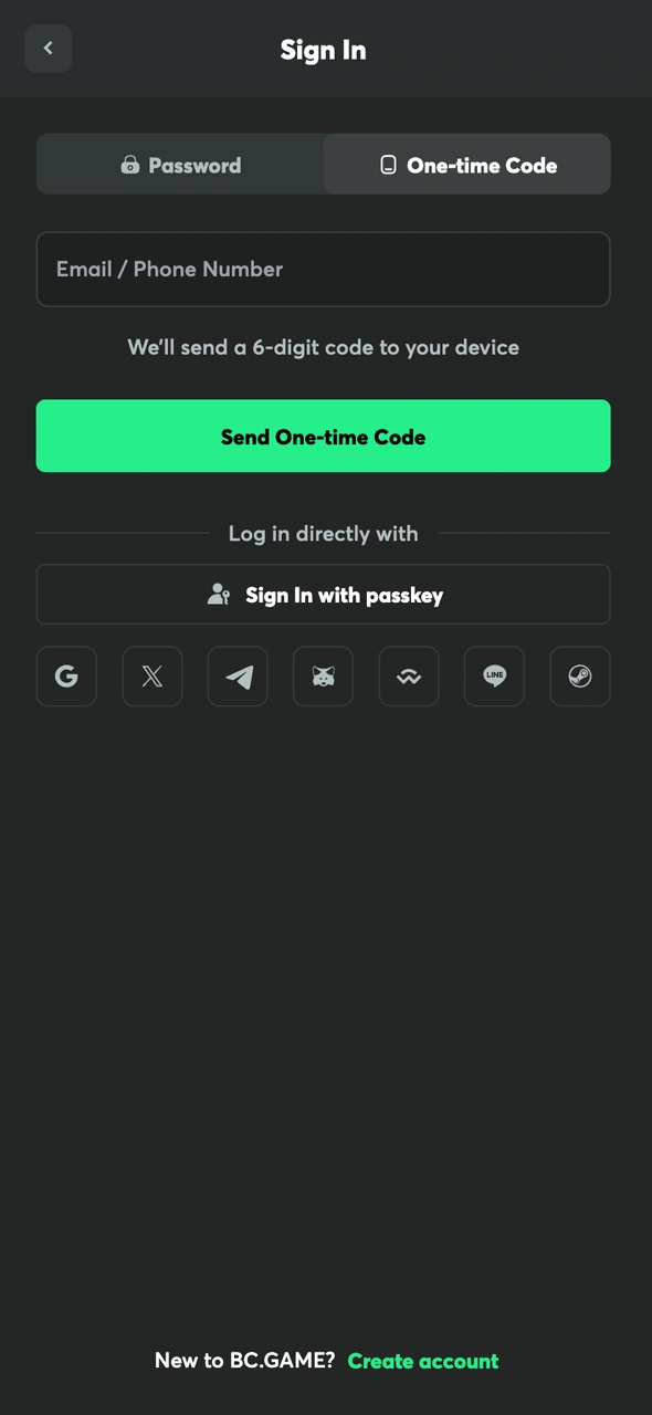 Access the login screen to enter your BC Game app account.