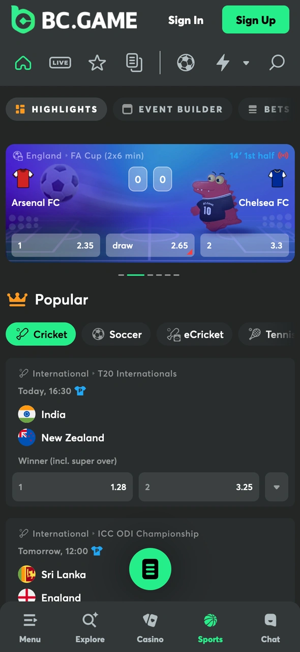 Explore the sports betting section available in the BC Game app.