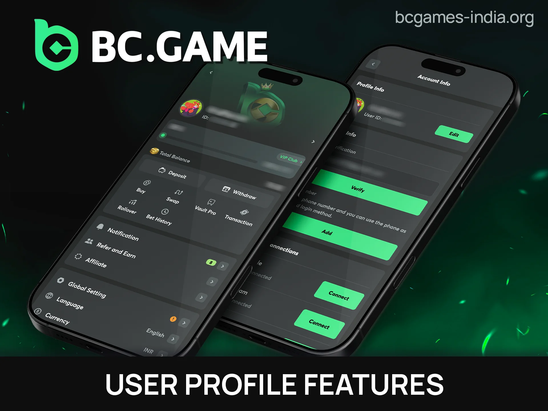 Manage your user profile features easily inside the BC Game app.