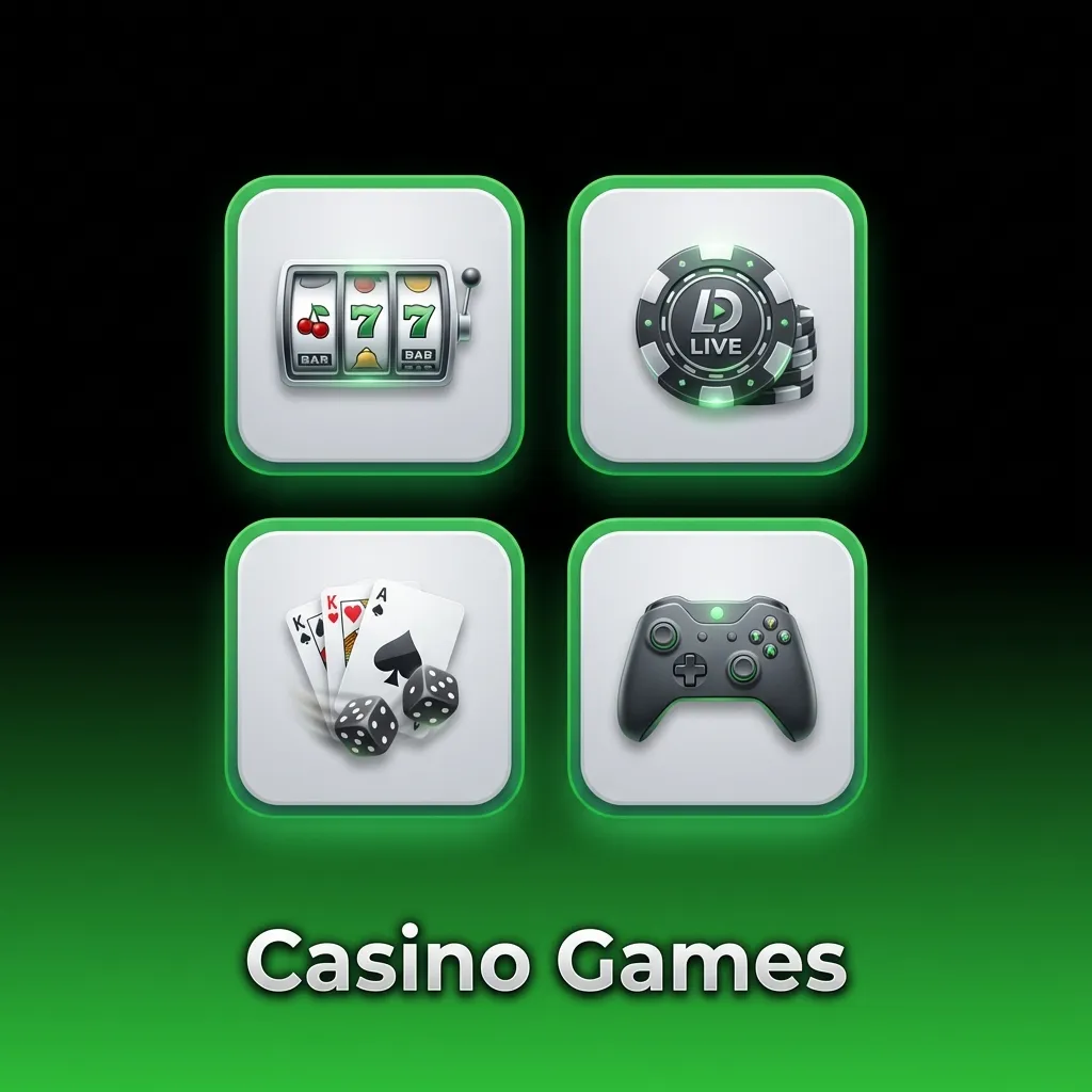 Casino gaming interface showing slots, live dealer tables, roulette, blackjack, and other games from 8,000+ title library