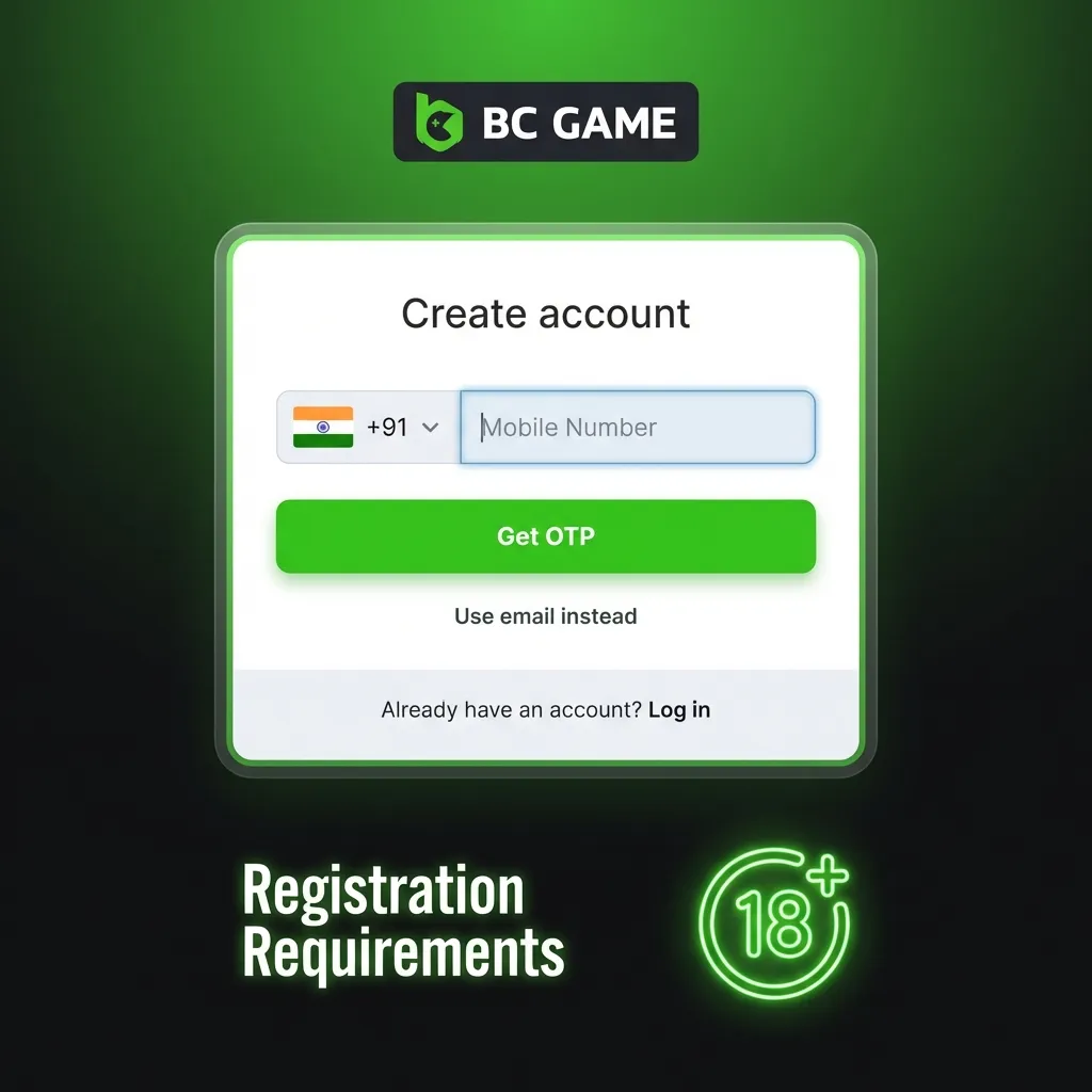 Registration requirements page showing age limit, verification rules, and account creation criteria for Indian gambling site