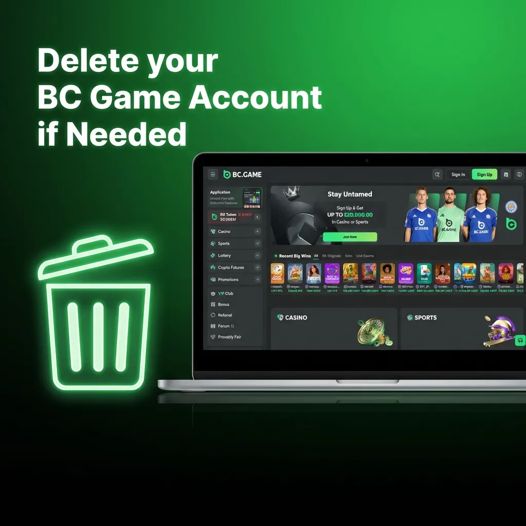 BC Game account deletion settings page showing profile options and account closure confirmation prompts