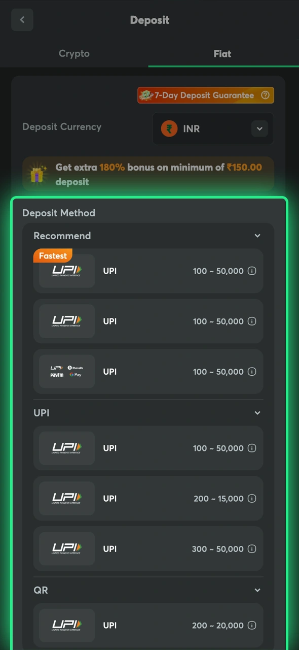 Choose your payment method from the available options at BC Game.