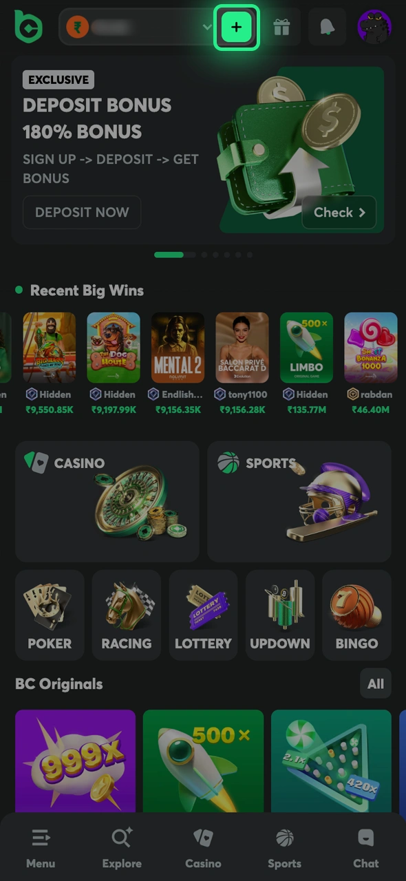 Navigate to the deposit section in your official BC Game profile.