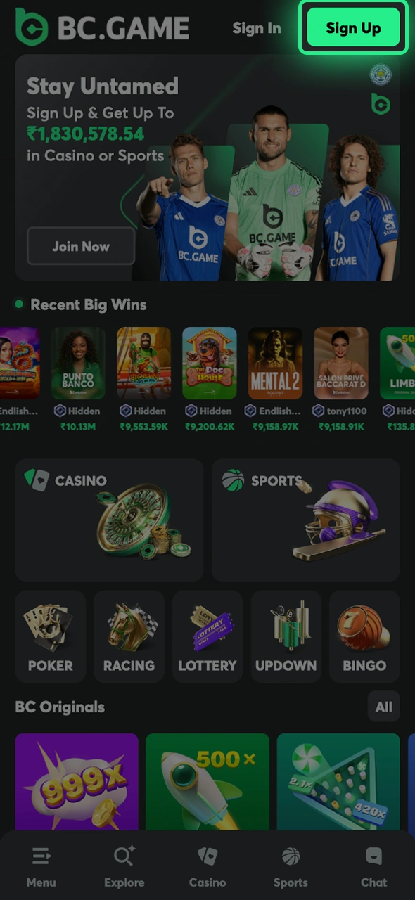 Click the registration button to begin your journey at BC Game.