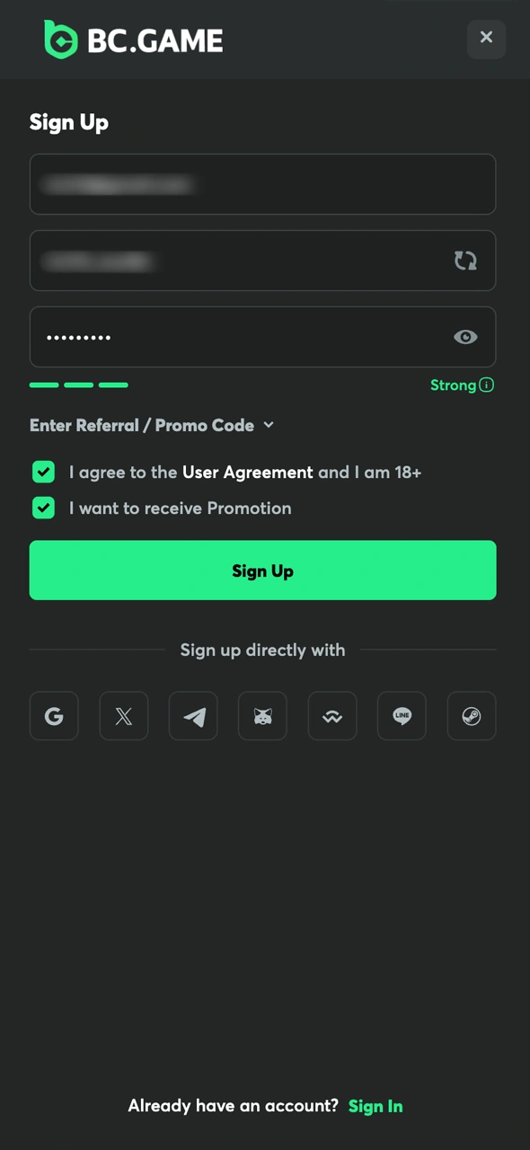 Complete the registration form with your details to join BC Game.