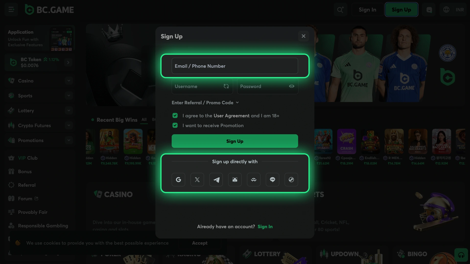 Choose registration method that suits you best at BC Game.