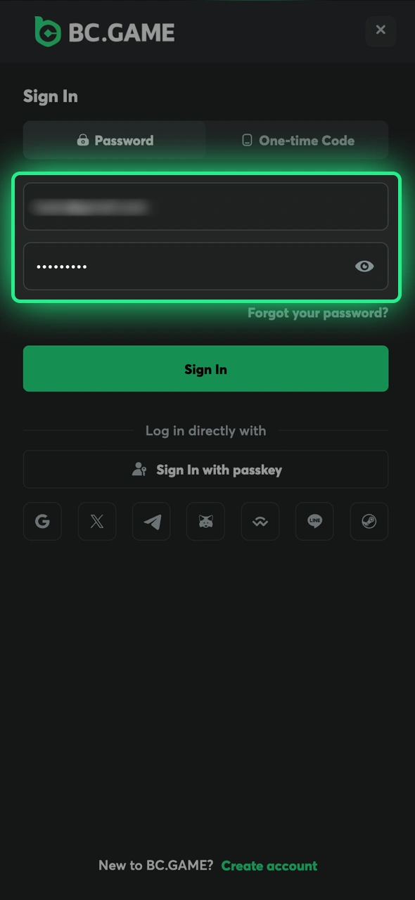 Enter credentials carefully to sign into the BC Game site.