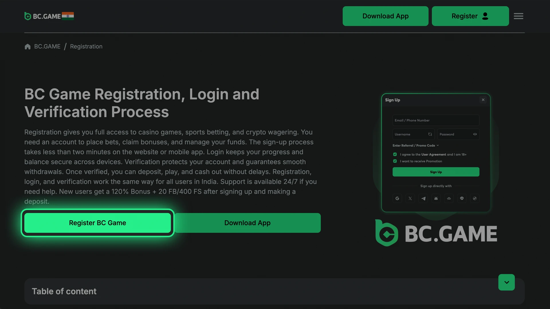 Open registration form on the BC Game site to get started.