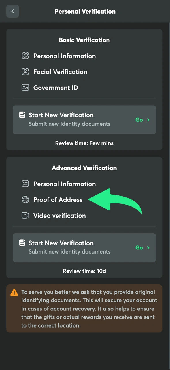 Submit proof of address as part of the BC Game verification.