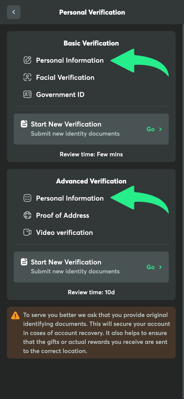 Provide personal information to update your BC Game verification profile.
