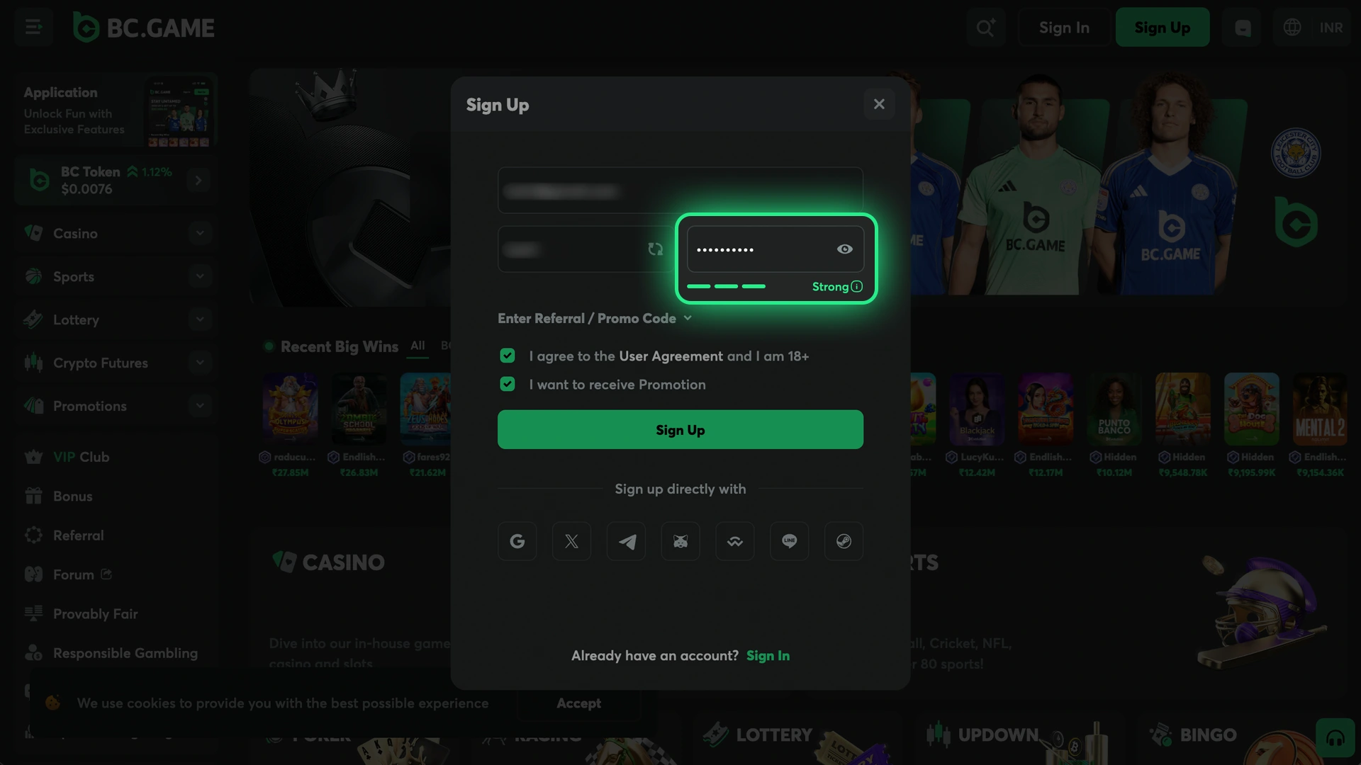 Set password for your new account to secure BC Game registration.