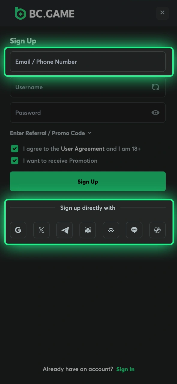 Select registration type within the mobile application at BC Game.