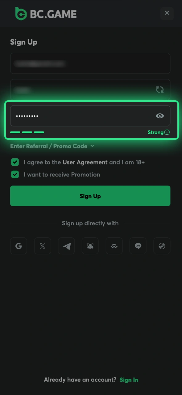 Create password for your mobile account during BC Game registration.