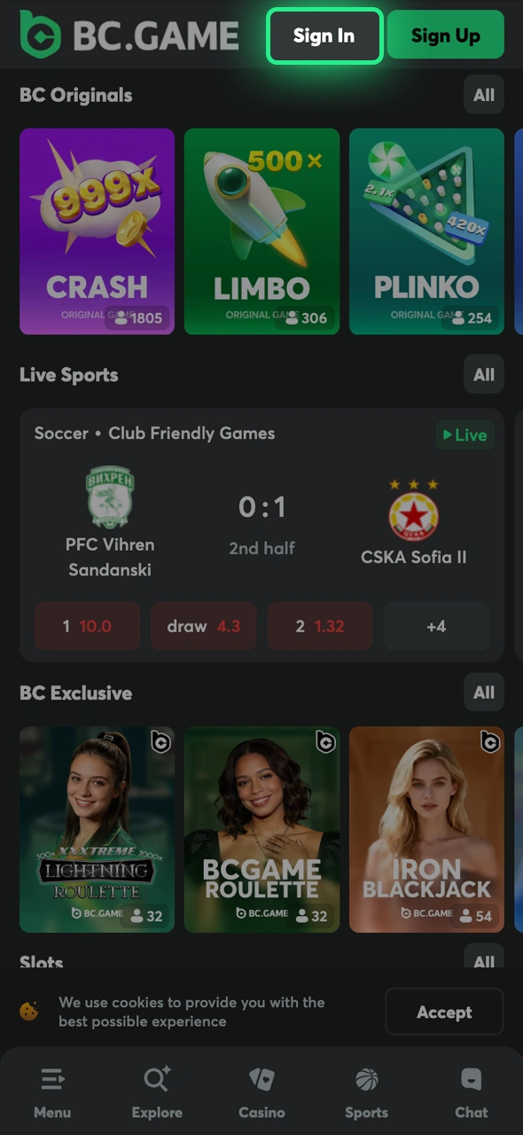 Log in to your account to access the BC Game slots library.