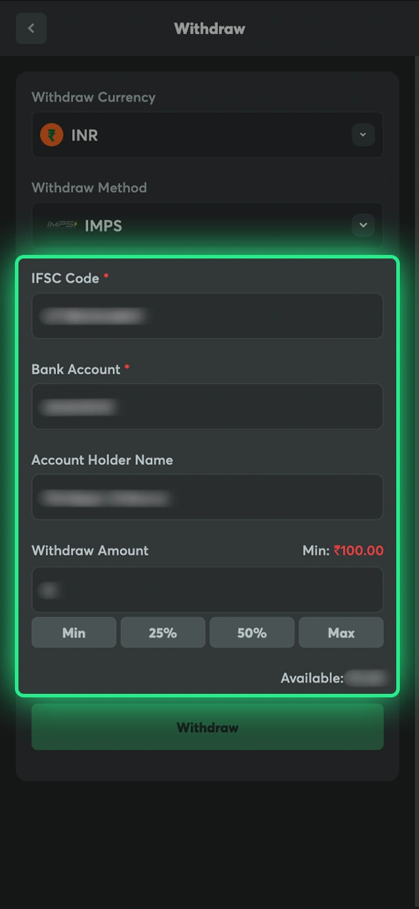Enter withdrawal amount and details for your BC Game payout.