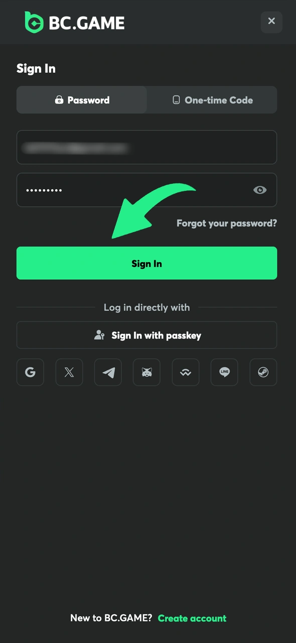 Log in to your account to start the BC Game withdrawal.
