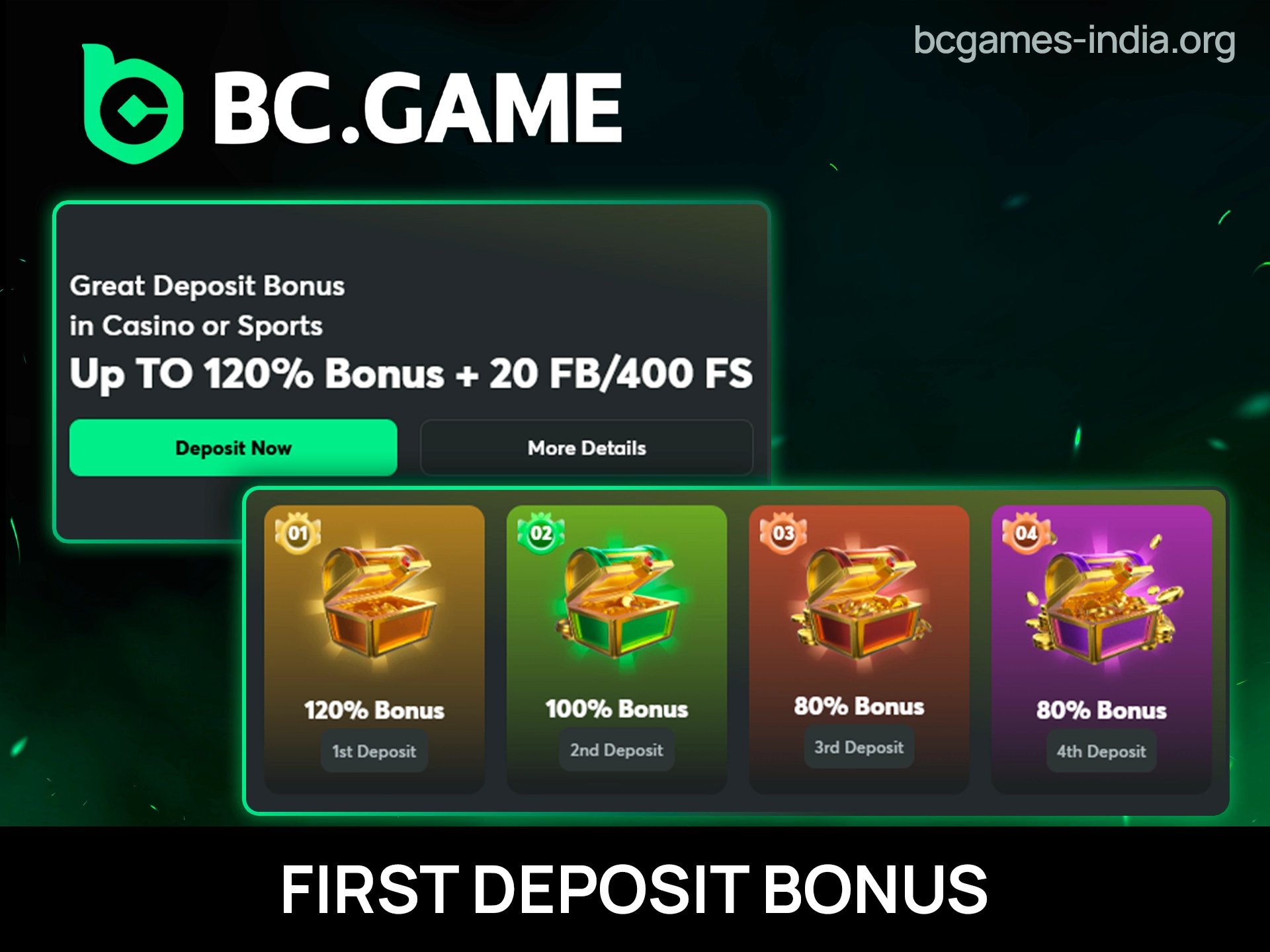 BC Game 120% first deposit bonus offer with 20 free bets or 400 free spins for new players on casino and sports betting.