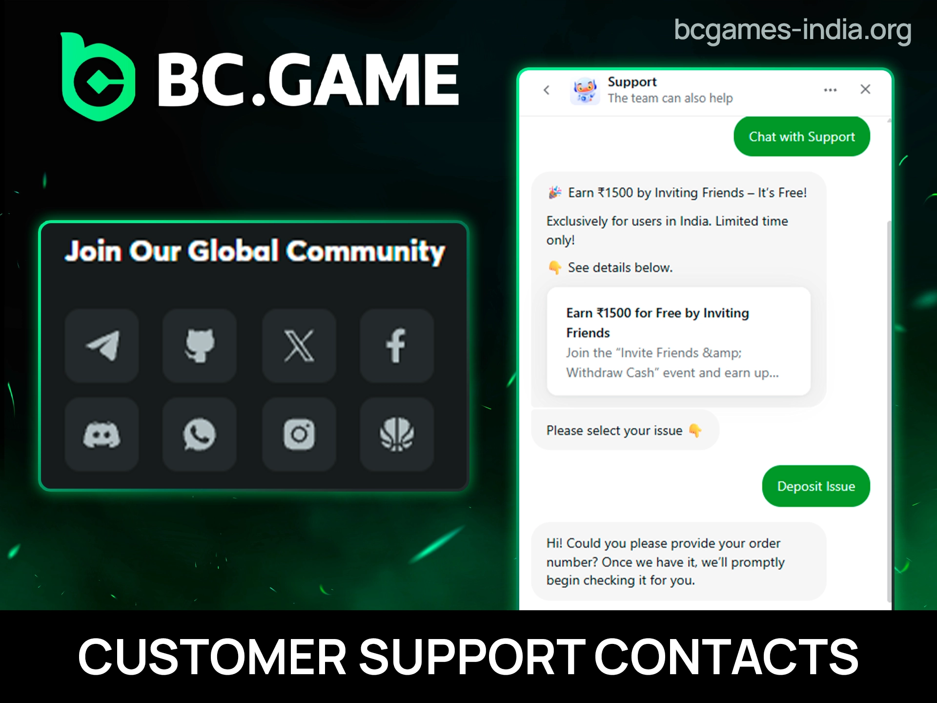 Customer support options including live chat, email, Telegram, and WhatsApp for resolving deposit issues quickly.