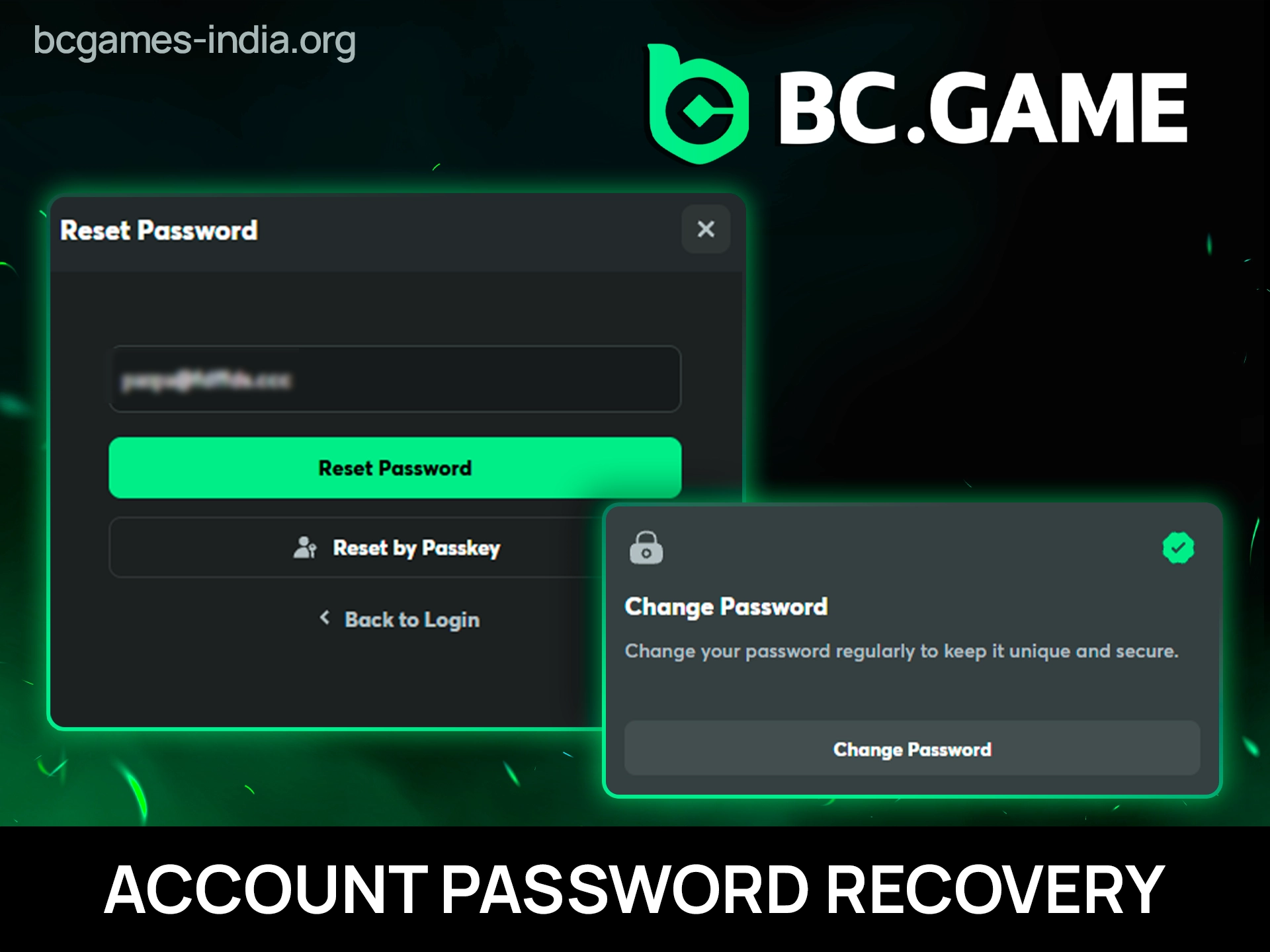 Password recovery process showing steps to reset account credentials via email or SMS verification.