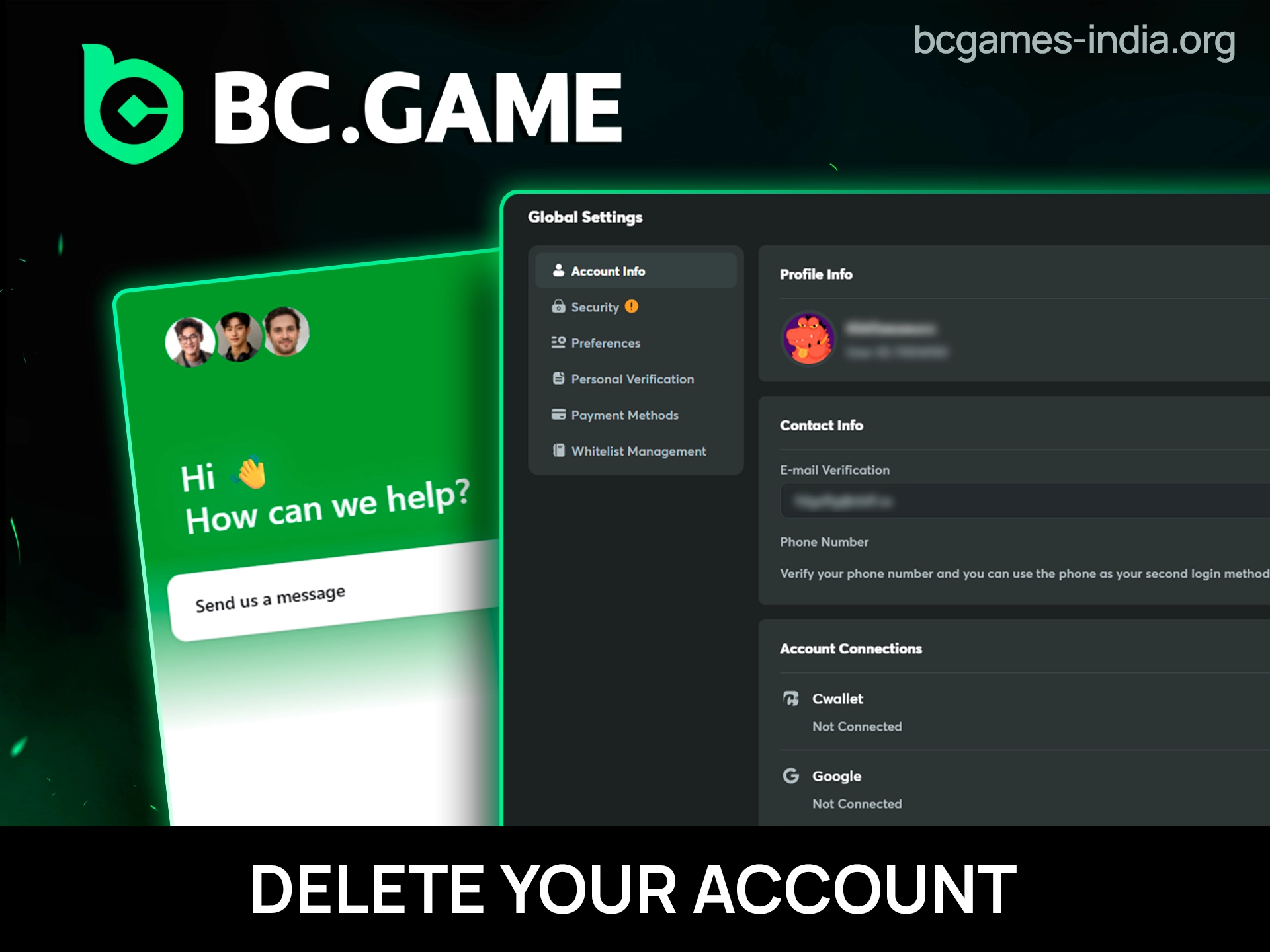 BC Game account deletion settings page showing profile options and account closure confirmation prompts.