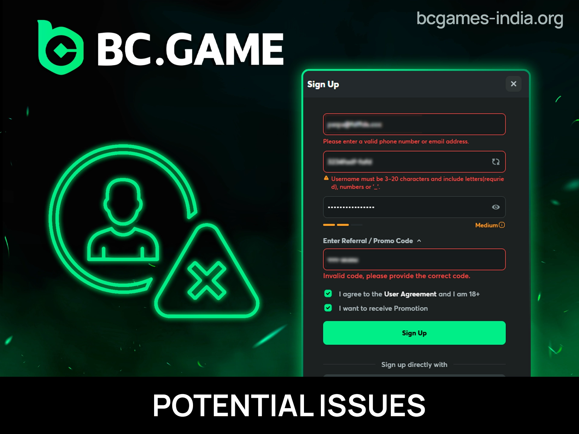 Troubleshooting guide showing common account registration problems and their solutions in a bulleted list format.
