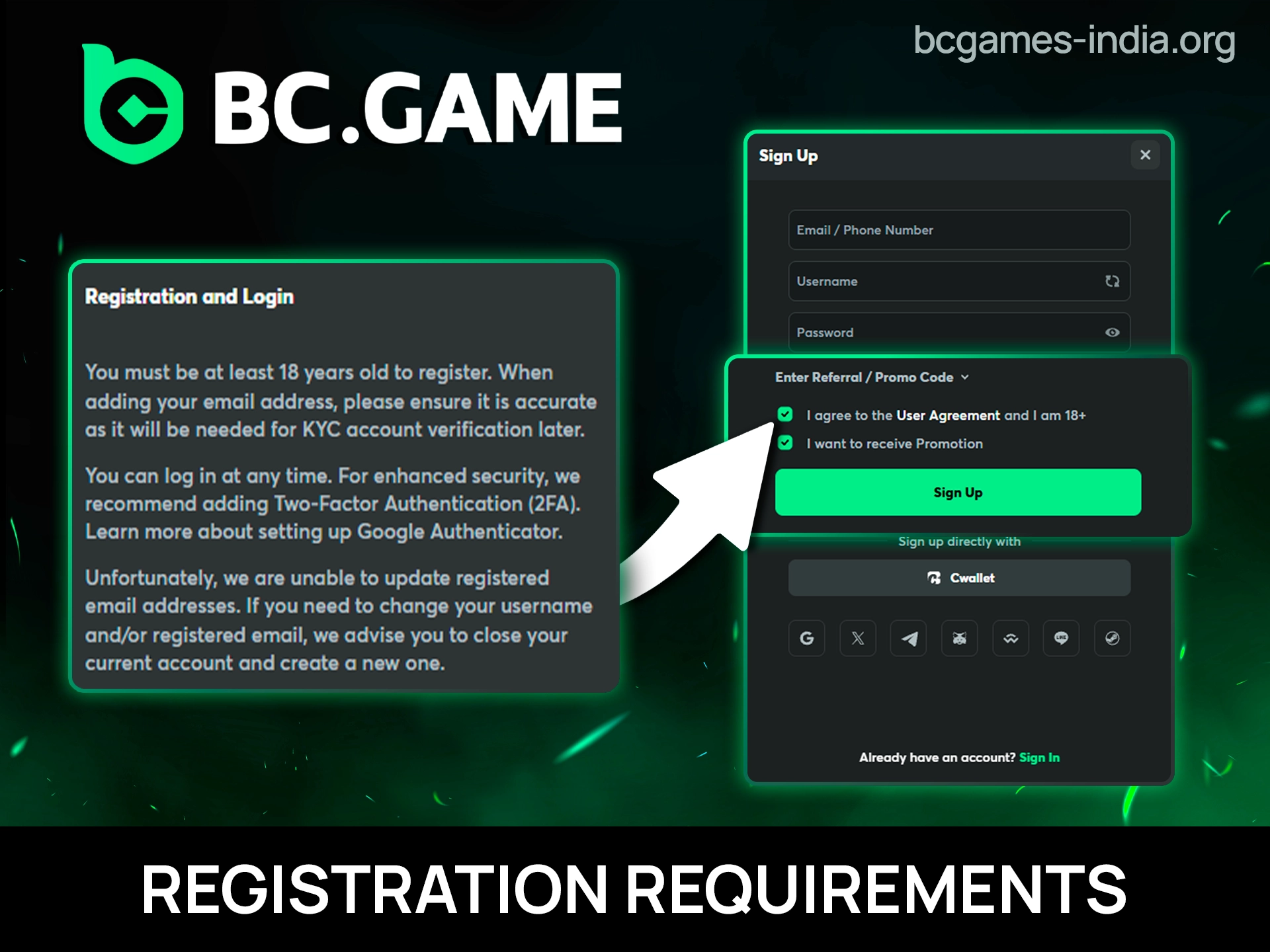Registration requirements page showing age limit, verification rules, and account creation criteria for Indian gambling site.