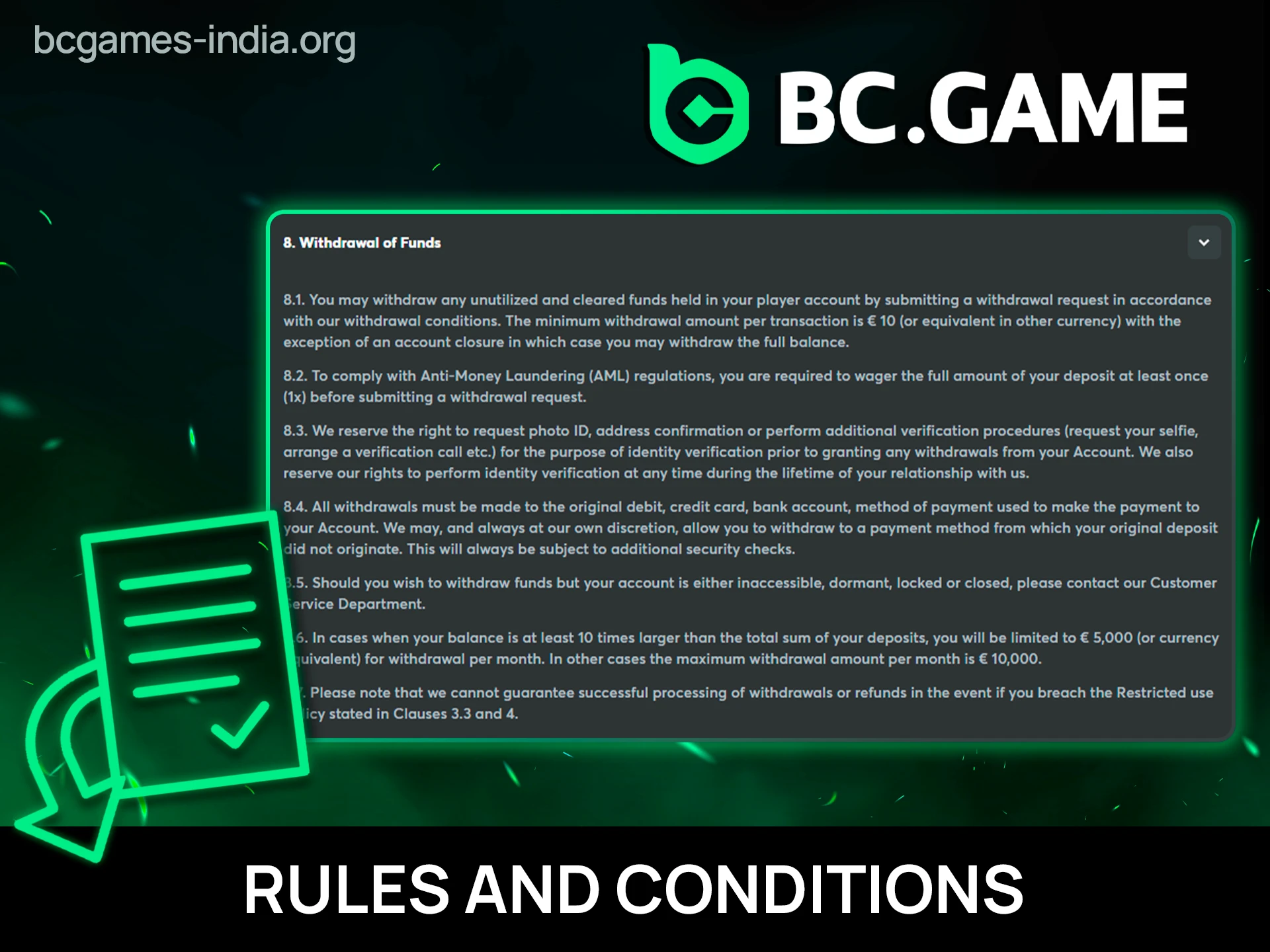 BC Game withdrawal rules infographic showing verification, wagering requirements, payment methods, and transaction limits.