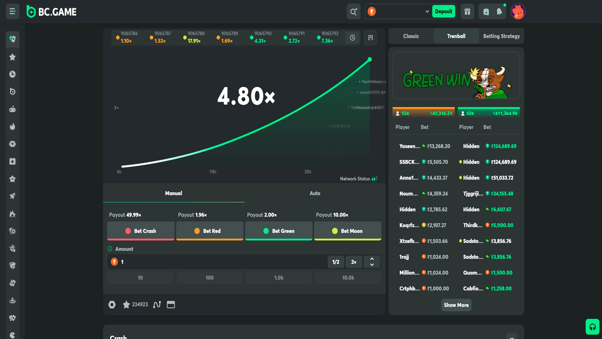 Manual betting mode for Trenball players at BC Game.