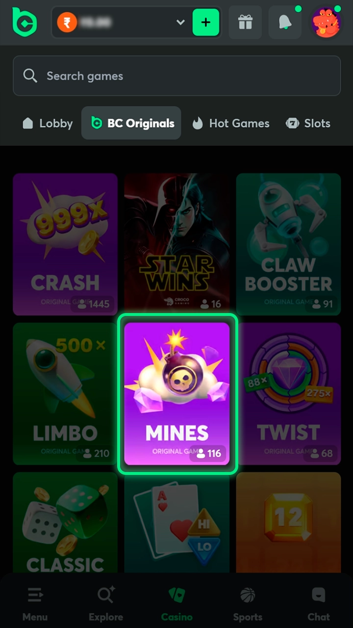 Locating the Mines title in the BC Game casino lobby.