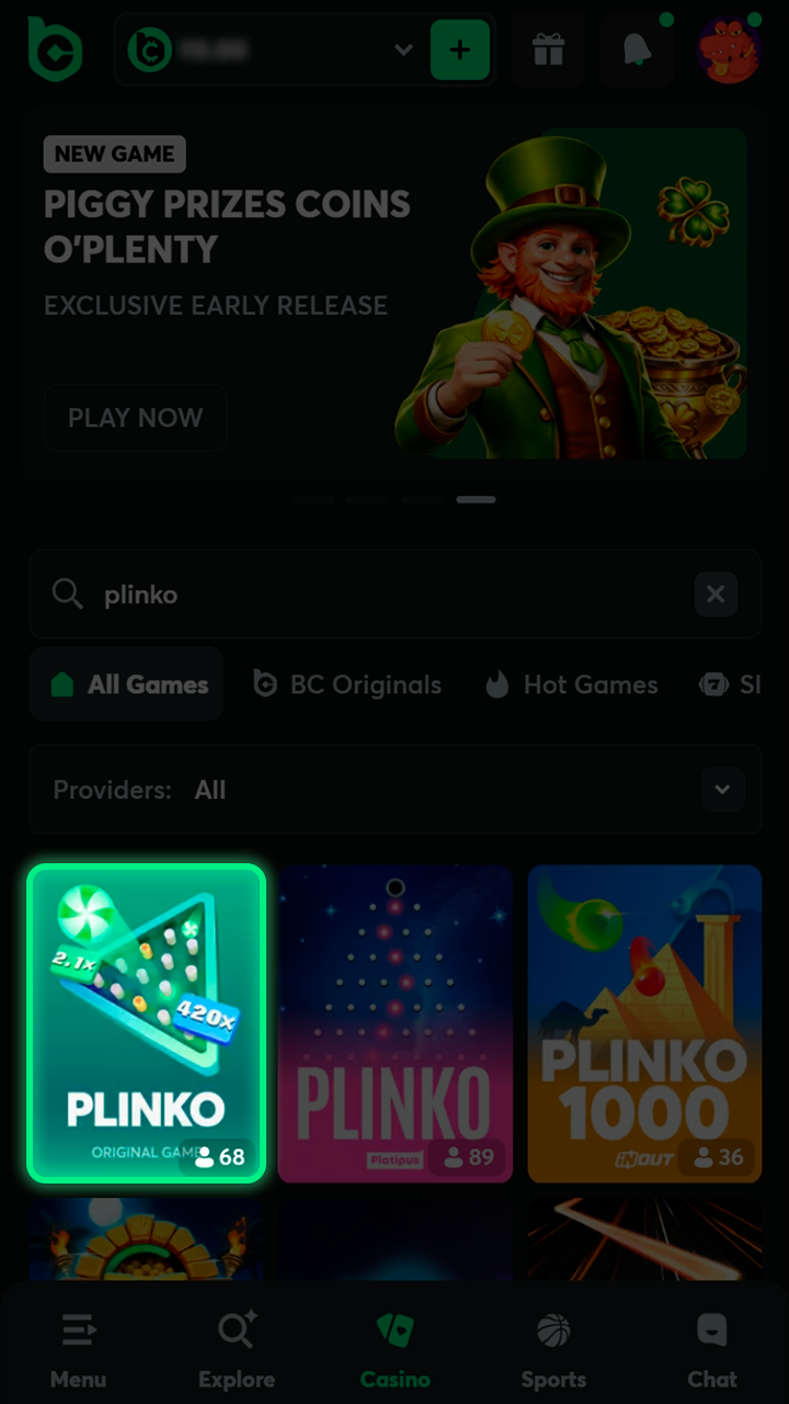 Locating the Plinko title in the BC Game lobby.