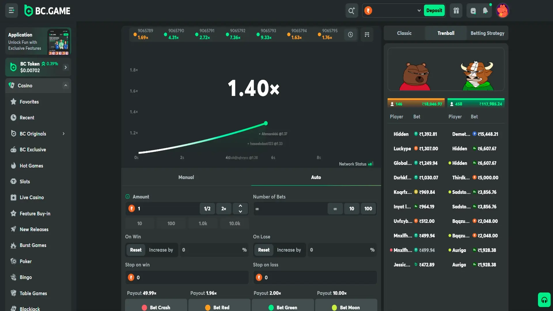 Automated betting settings for trenball sessions at BC Game.