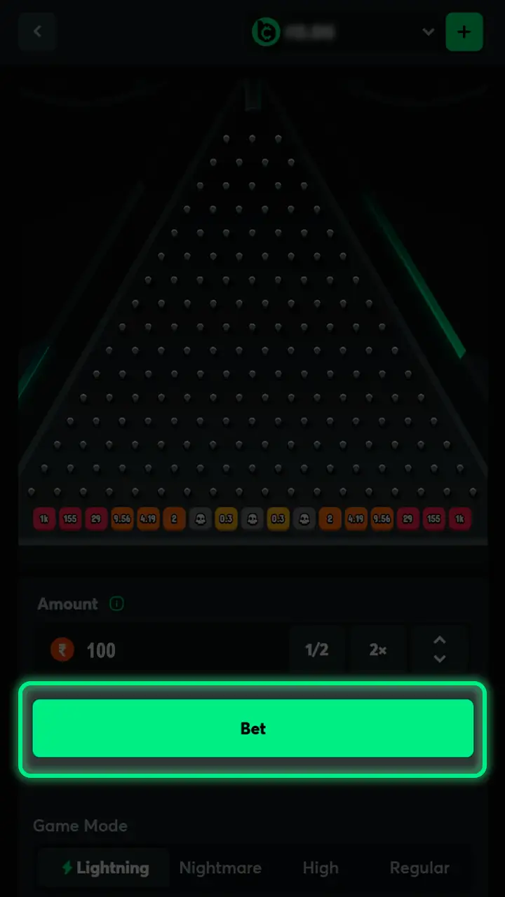 Starting a Plinko round to win prizes on BC Game.