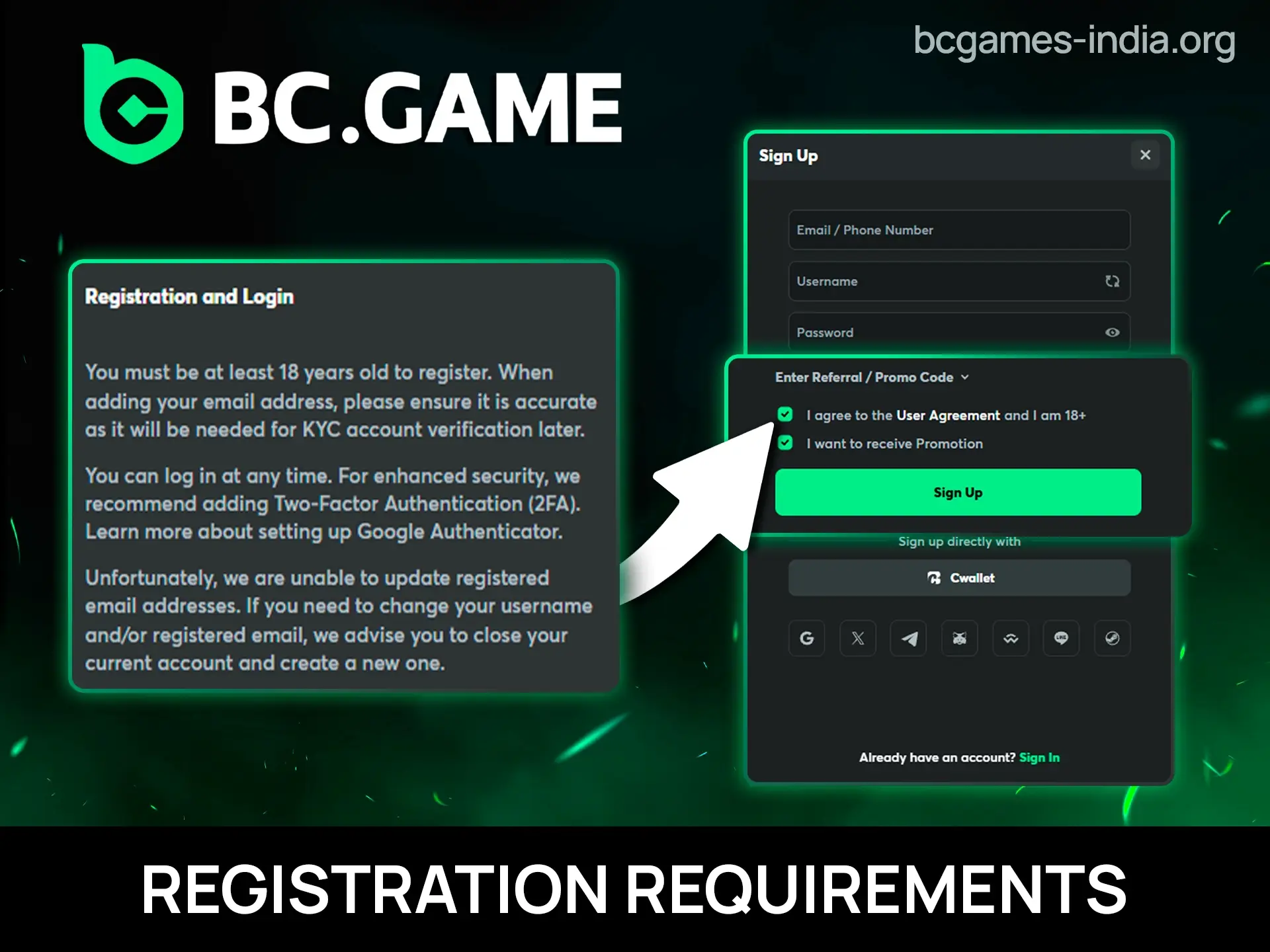 Registration requirements page showing age limit, verification rules, and account creation criteria for Indian gambling site.